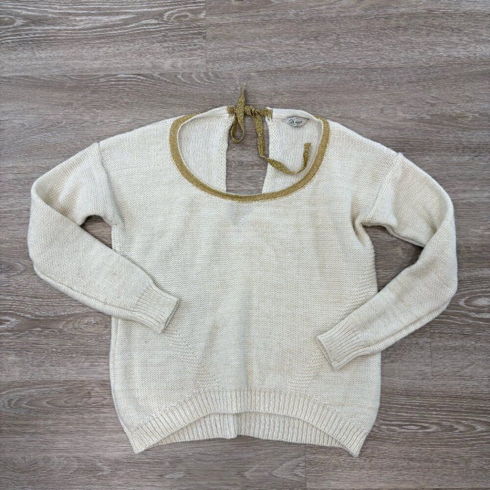 Nisan Cream Wool Knit Golden Metallic Tone Trim Sweater Back Button Sweater sz S